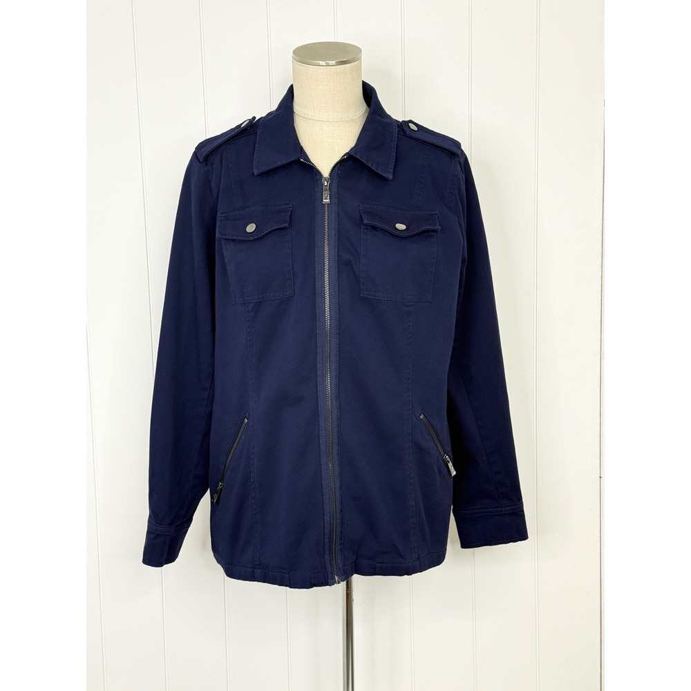Belle by Kim Gravel Twill Utility Jacket Women M Navy Blue Military Workwear